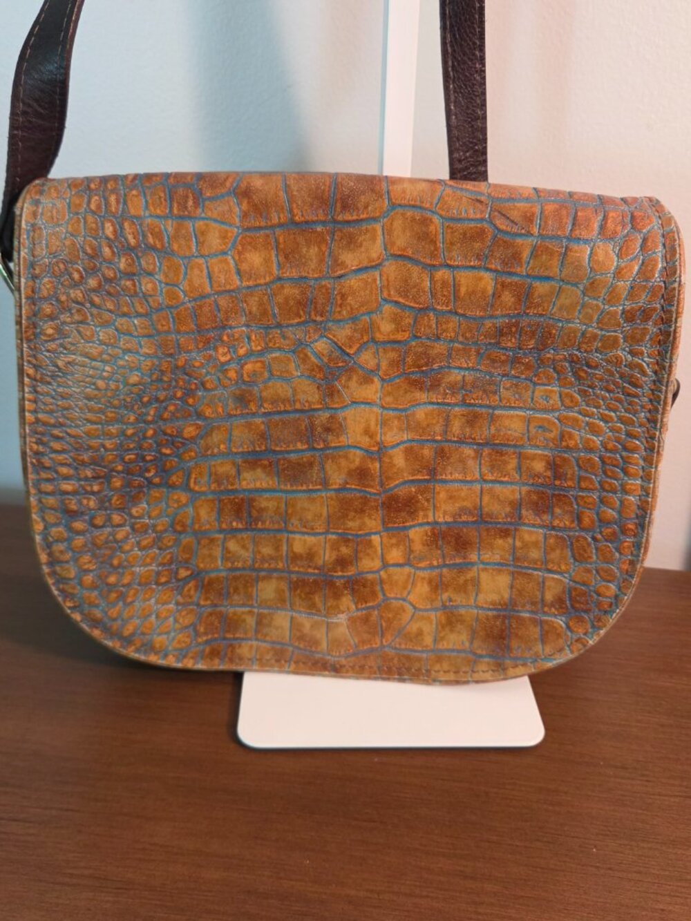 VALENTINA MADE IN ITALY CROC EMBOSSED LEATHER BLUE BROWN SHOULDER CROSSBODY BAG